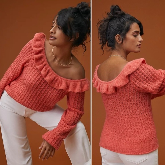Anthropologie Ruffled Boat Neck Sweater Small pink lightweight wool loose knit - Picture 1 of 13